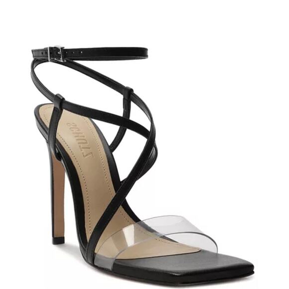 Schutz Aisha Square Toe Transparent Strap Strappy Heel Size 10B Black Leather - Picture 1 of 12